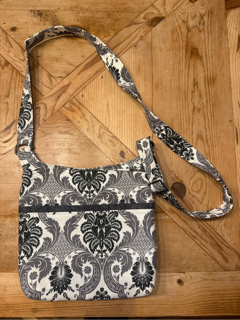 Handmade Gray and White Damask Crossbody Bag